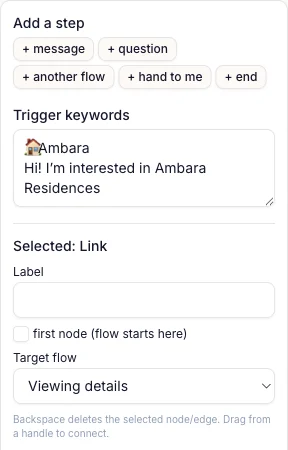 The step editor panel for a link step, with the target flow picked from a dropdown.