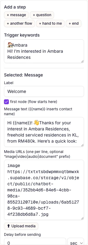 The step editor panel for a message: label, first node checkbox, message text with the name placeholder, an uploaded image, and the delay controls.